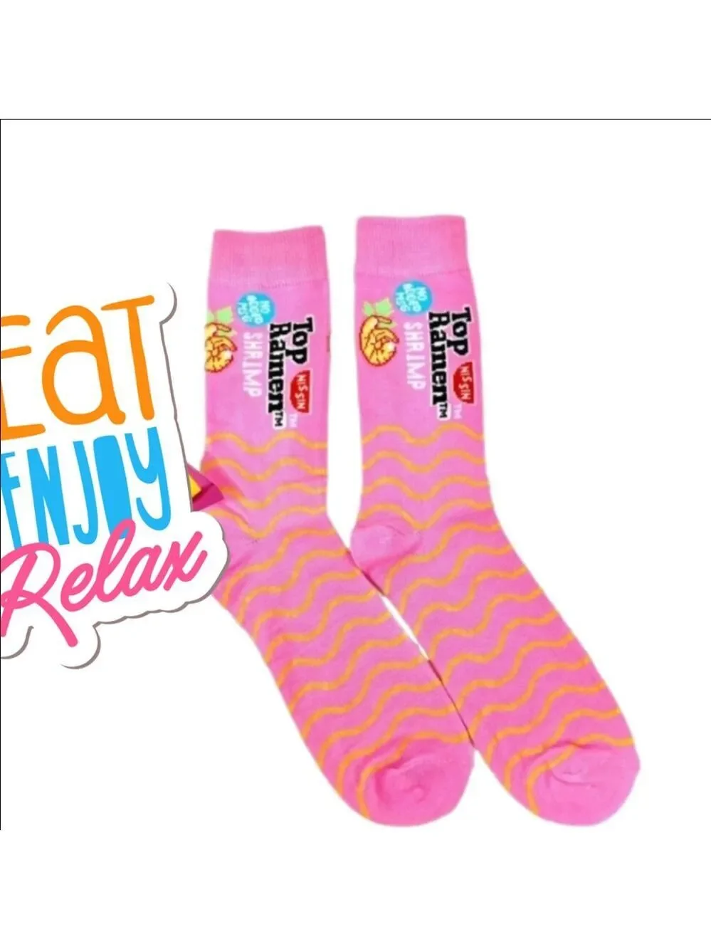 4/$25 Top Ramen Soup Shrimp Socks Pink with Novelty Graphics New Crew Socks